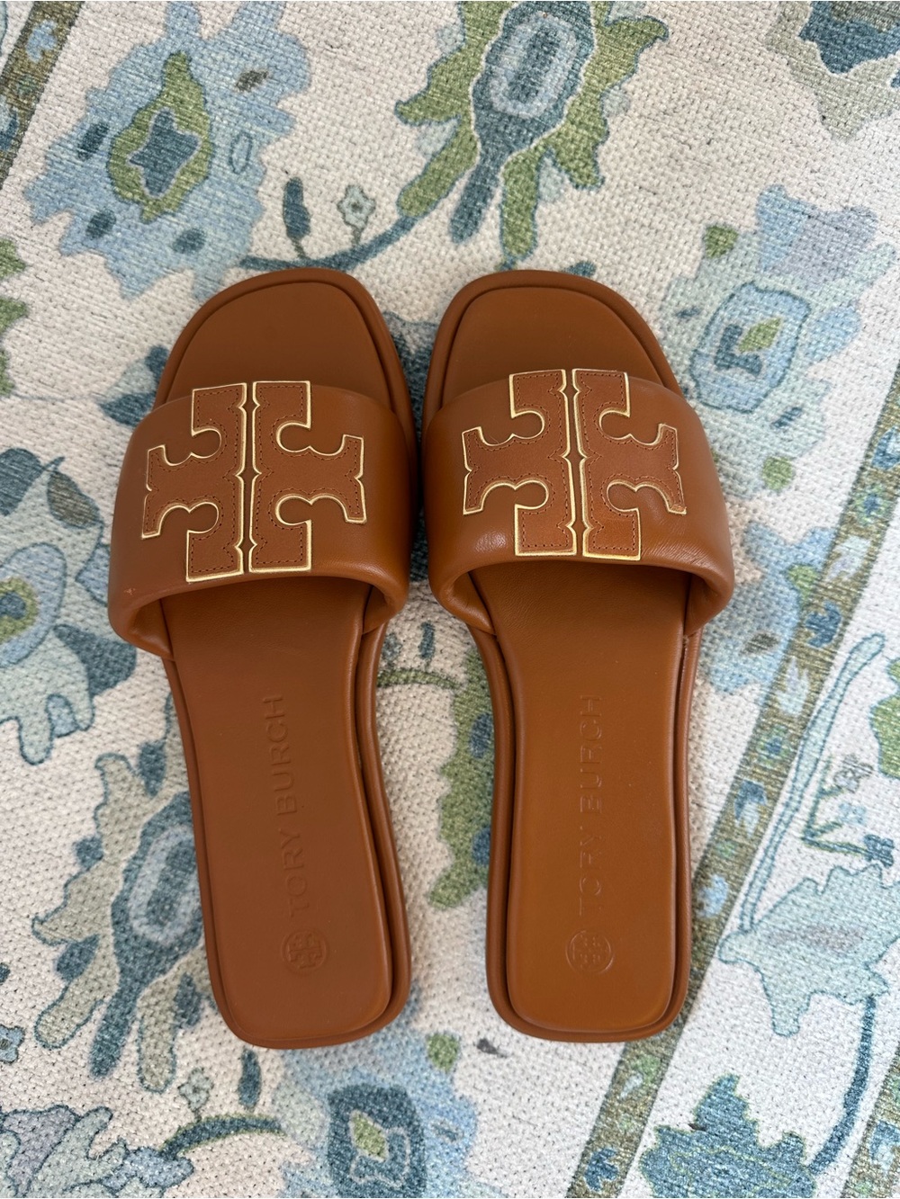 Tory Burch Cognac Leather Logo Slide Sandals